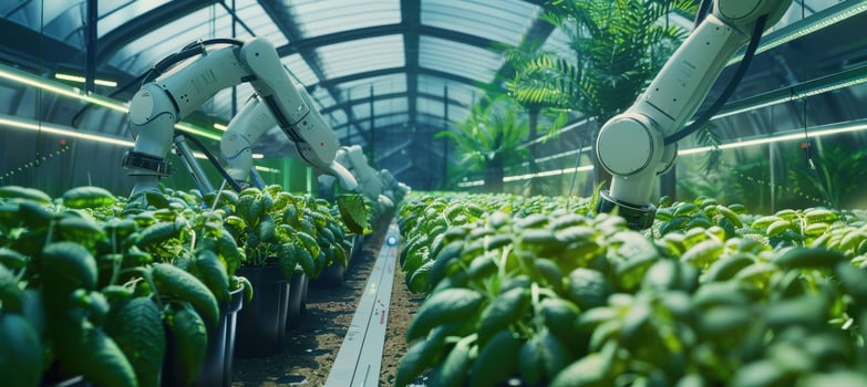 Automation in Agriculture. Robotic Arms Enhancing High-Tech Greenhouse Plant Cultivation photo