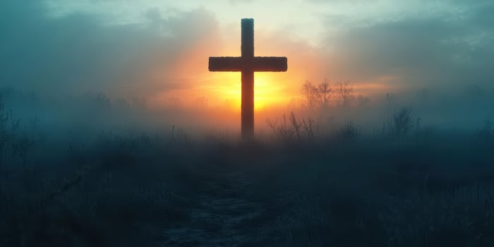 Cross stands in foggy field during sunrise, creating a serene atmosphere of reflection and peace photo