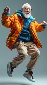 Energetic elderly man enjoying a playful jump in colorful winter attire in a studio setting photo