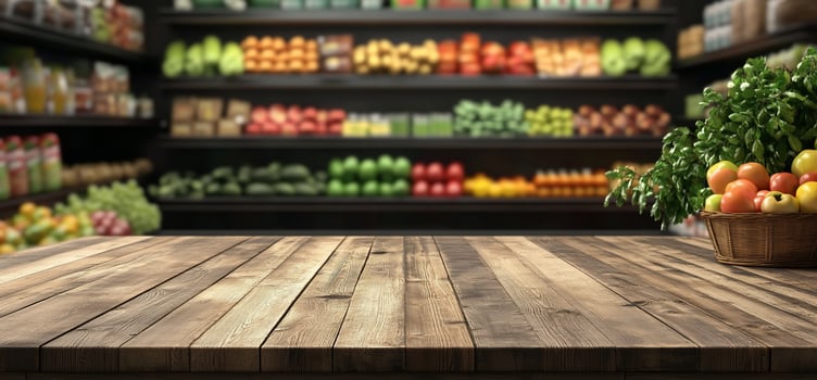 A wooden table in front of a grocery store photo
