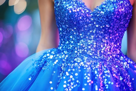 Elegant evening gown in sapphire blue and amethyst purple showcased in a glamorous fashion editorial setting during a luxurious event photo