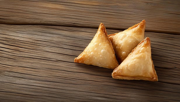 Three golden, triangular pastries on a wooden surface. photo