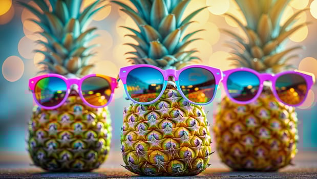 Fun tropical scene with pineapples wearing colorful sunglasses at a vibrant outdoor location photo