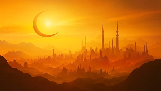 A serene sunset over a mystical city with towering spires. photo