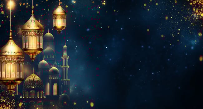 A serene night scene with lanterns and a silhouette of a mosque. photo