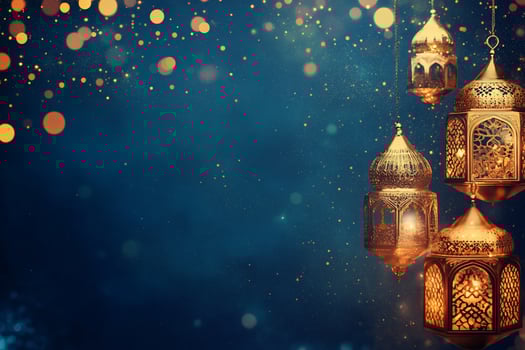 Decorative lanterns glowing against a dark, shimmering background. photo
