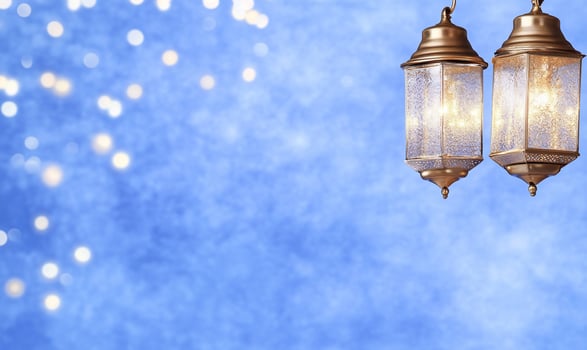 Two decorative lanterns against a shimmering blue background. photo