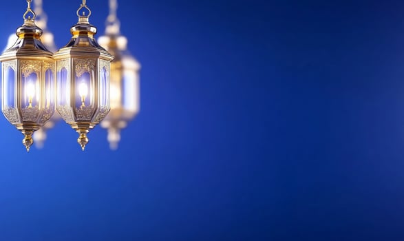 Elegant hanging lanterns against a vibrant blue background. photo