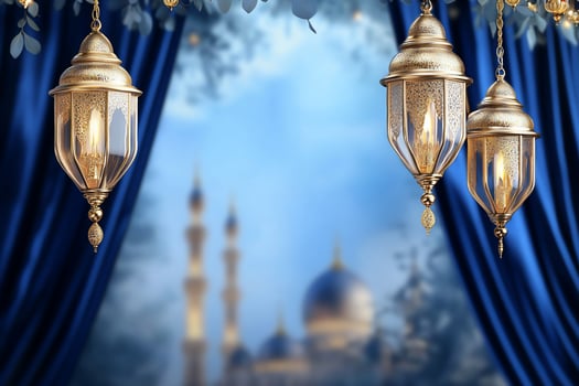 Elegant lanterns hang against a blue backdrop with a mosque silhouette. photo