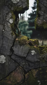 A close up of a tree growing through a crack in a wall photo