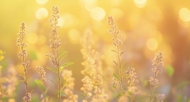 A soft-focus image of flowering plants illuminated by warm sunlight. photo