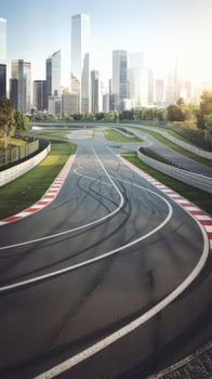 An empty track with a city skyline in the background photo