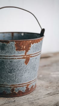 A rusty metal bucket sitting on a wooden table photo