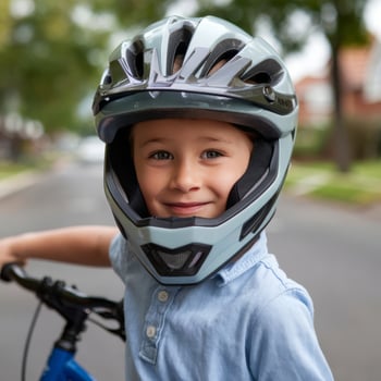 A young boy wearing a helmet on his bike photo
