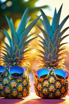 Pineapples wearing sunglasses at a vibrant sunset beach party in summer photo