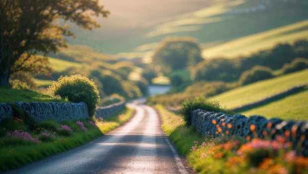 Winding country road through lush green hills at sunset, evoking a tranquil atmosphere in nature photo