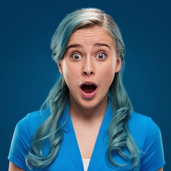 A woman with blue hair and a shocked expression photo