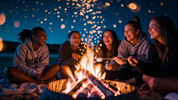 Friends enjoy a cozy bonfire at the beach in the evening, sharing laughter and roasting marshmallows together photo