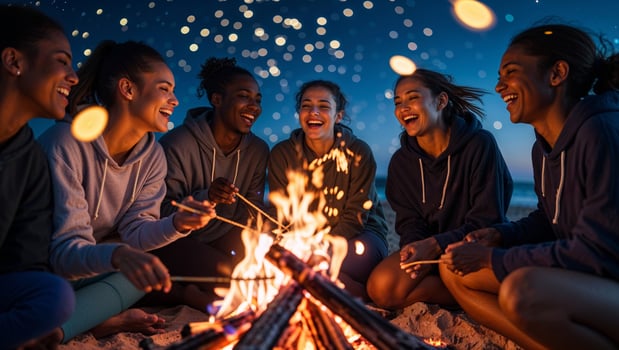 Friends enjoy a cozy beach bonfire under a starry sky while roasting marshmallows and sharing laughter at dusk photo