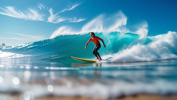 Surfer riding a powerful wave on a sunny day at the beach in a coastal paradise photo