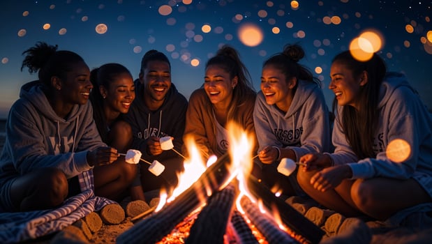 Friends gather around a campfire at night roasting marshmallows and sharing laughter on a beautiful evening under the stars photo