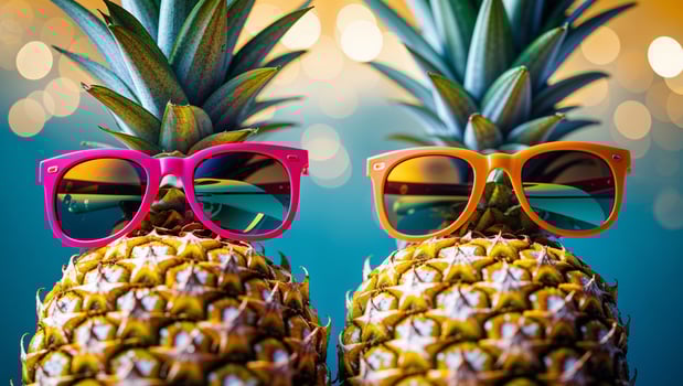 Colorful sunglasses placed on fresh pineapples create a vibrant tropical atmosphere for summer fun photo