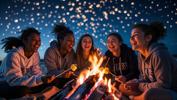 Friends gather around a campfire on the beach while enjoying a clear evening under the stars with laughter and companionship photo
