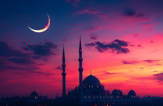Crescent Moon over Mosque at Vivid Sunset photo