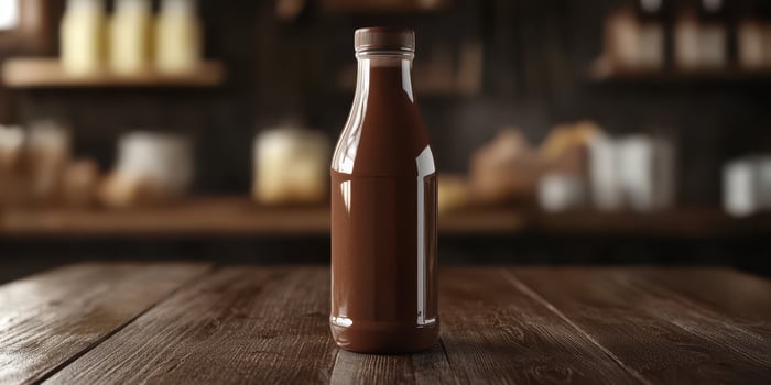 Chocolate milk bottle stands tall on rustic wooden table inside a cozy cafe with warm lighting and inviting atmosphere photo