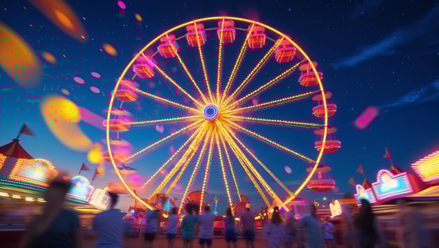 Vibrant nighttime carnival with glowing ferris wheel and colorful lights illuminating the festive atmosphere photo