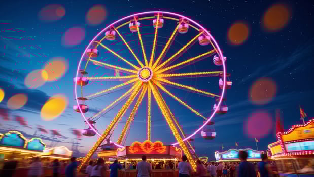 Colorful ferris wheel spins under a night sky at a vibrant carnival fairground photo