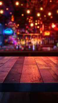 Ambient bar interior with glowing lights and wooden counter setting a lively atmosphere at night photo