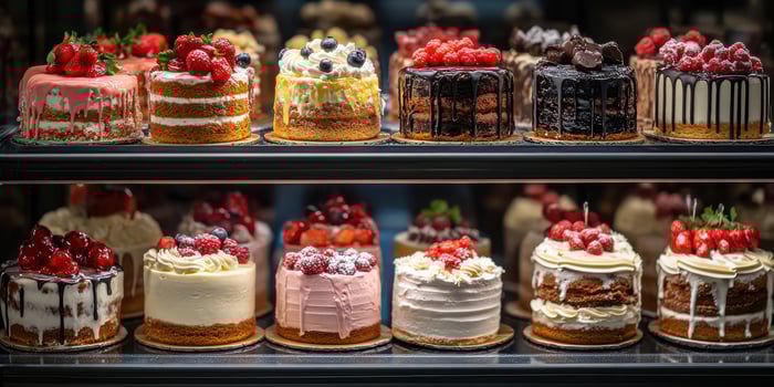 Variety of beautifully decorated cakes displayed in a pastry shop during the afternoon photo