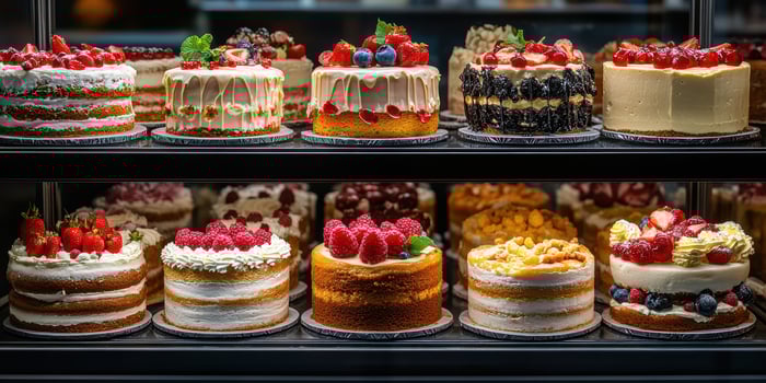 Variety of colorful cakes displayed in a bakery showcase with fresh fruits and toppings photo