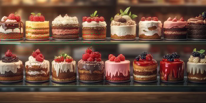 Assorted small cakes displayed in a bakery with fresh berries during afternoon light photo