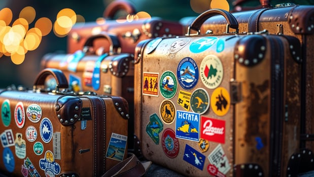 Vintage travel suitcases adorned with colorful stickers arranged outdoors during evening hours photo