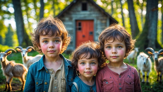 Three children with curly hair in a forest near a rustic cabin and goats during a sunny afternoon photo