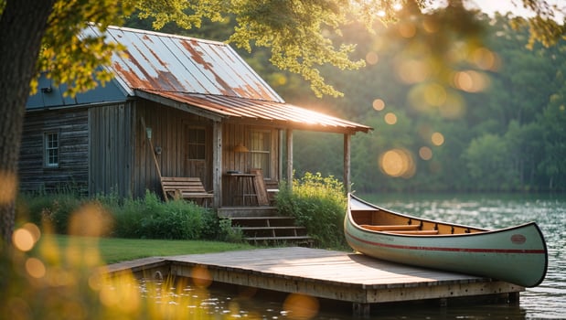Rustic cabin by the lake with a canoe at sunset surrounded by lush greenery photo
