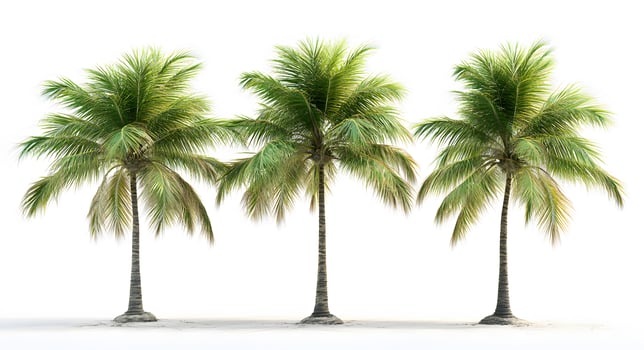 Three lush coconut palm trees stand on white sand photo