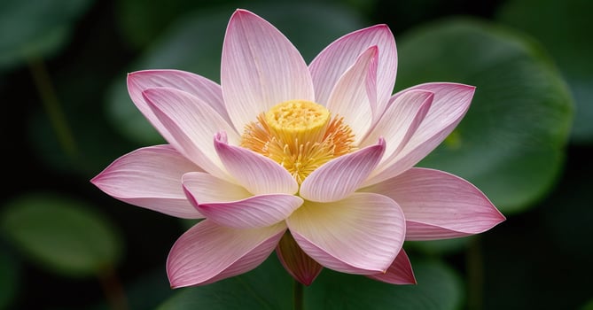 A pink lotus flower with a yellow center photo
