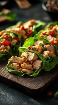 Delicious chicken lettuce wraps with fresh vegetables prepared in a cozy kitchen setting photo