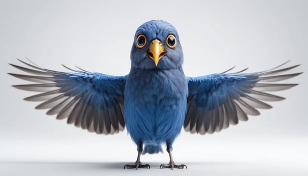 Blue Parrot with Wings Spread, Fluffy Feathers, White Background photo