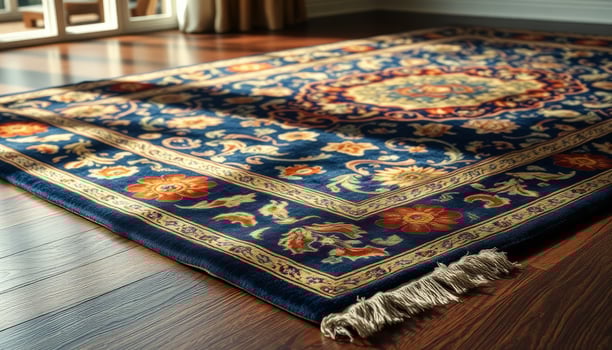 Blue Oriental Rug with Floral Pattern on Hardwood Floor photo