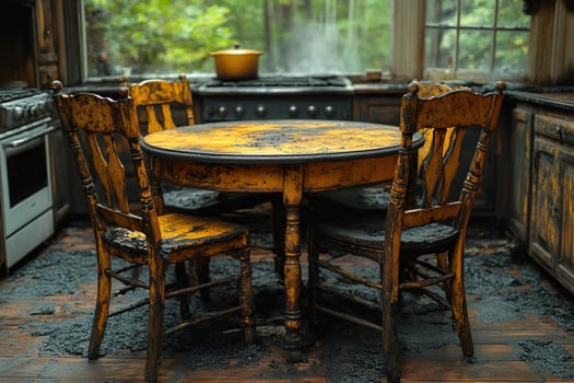 Fire-damaged kitchen table and chairs in soot-covered room after house fire photo