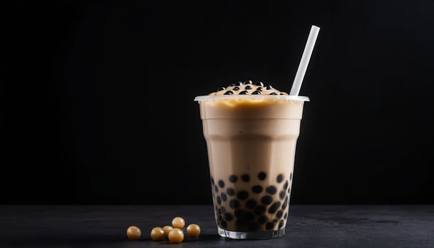 Brown Bubble Tea In Plastic Cup On Dark Background photo