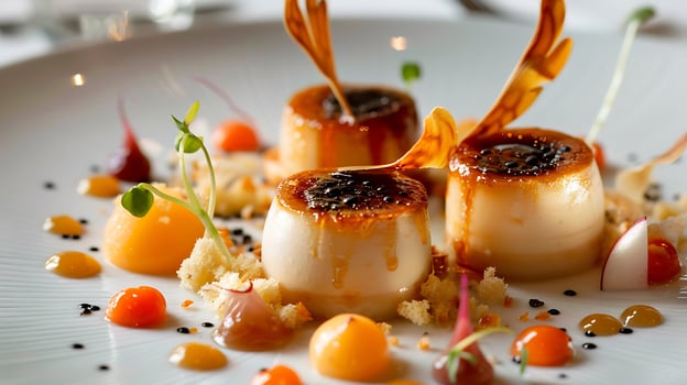 Exquisite Dessert Presentation with Caramelized Citrusy Toppings and Colorful Garnishes photo