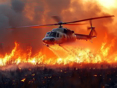 Helicopter dropping water on wildfire in field, smoke filled sky photo