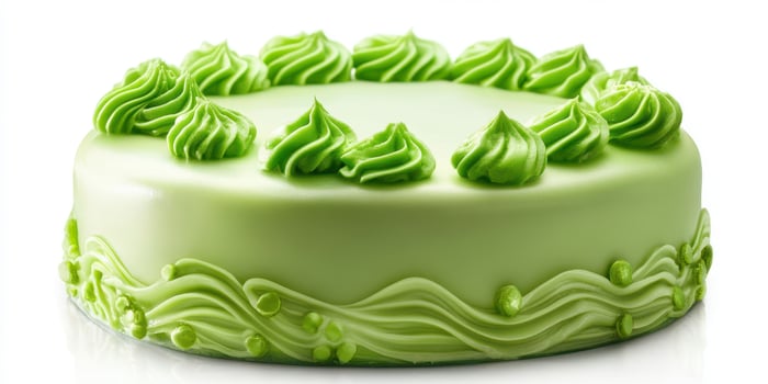 Delicious green cake decorated with creamy swirls on top and a smooth surface, ideal for celebrations and desserts photo