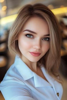 Young Woman with Beautiful Smile in a Modern Office Setting Wearing Professional Attire photo
