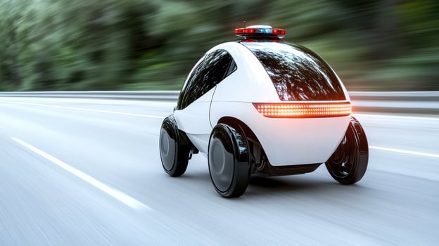 Futuristic robotic police vehicle speeding on highway with lights flashing photo